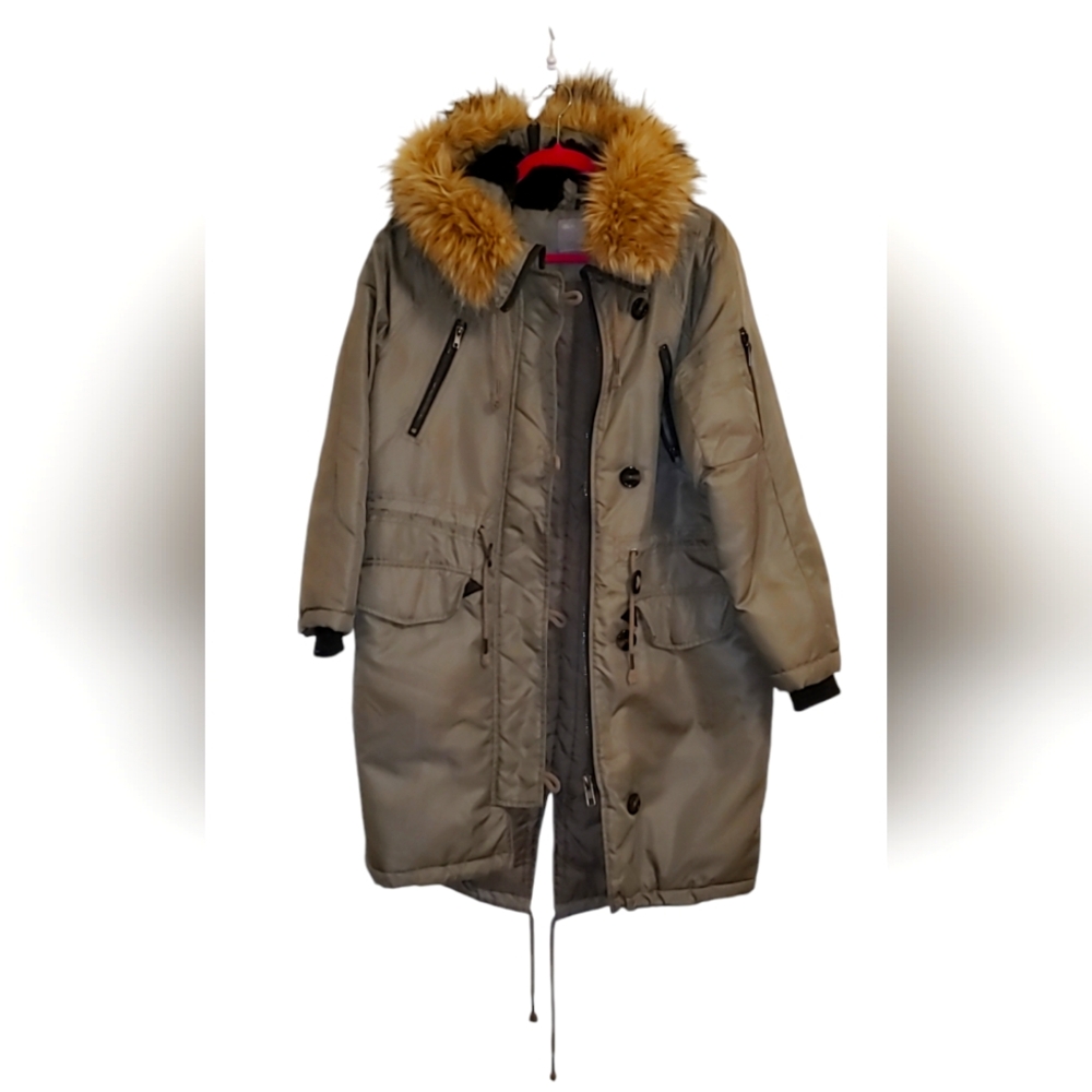 Asos winter coat olive Green khaki faux fur hood size 6